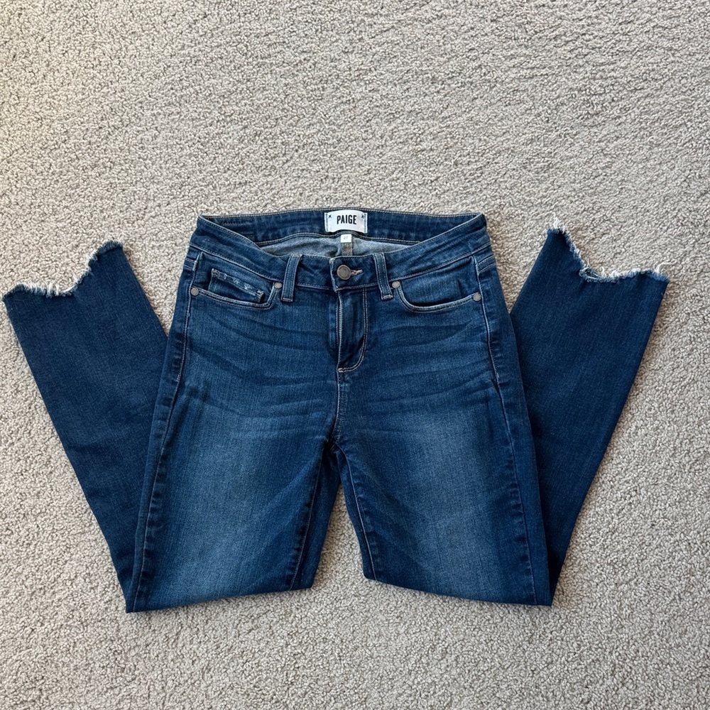 PAIGE Kylie Crop Straight Leg Jeans Blue Frayed Raw Hem Size 27